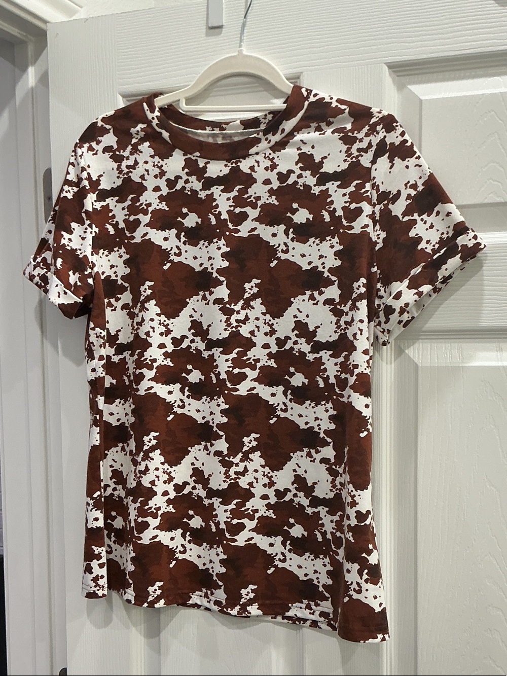 Amazon Women's Brown and White Cow Spot Short Sleeve Tee